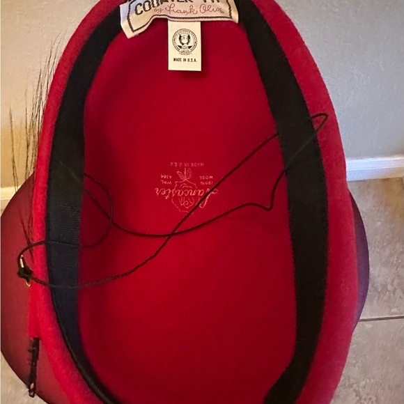 Small cranberry 100% wool hat with black feather design made in USA - Picture 6 of 8